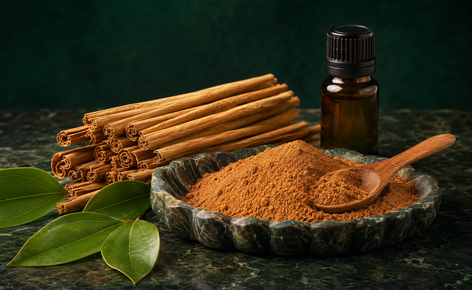 Ceylon cinnamon quills, leaves, oil and powder in a stone dish with a wooden spoon