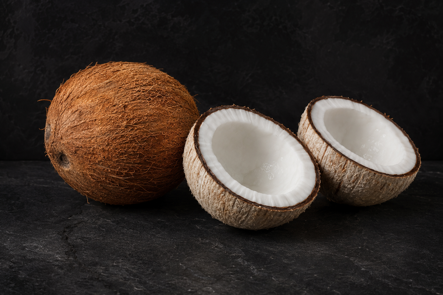 A whole mature coconut and freshly split coconut on black stone