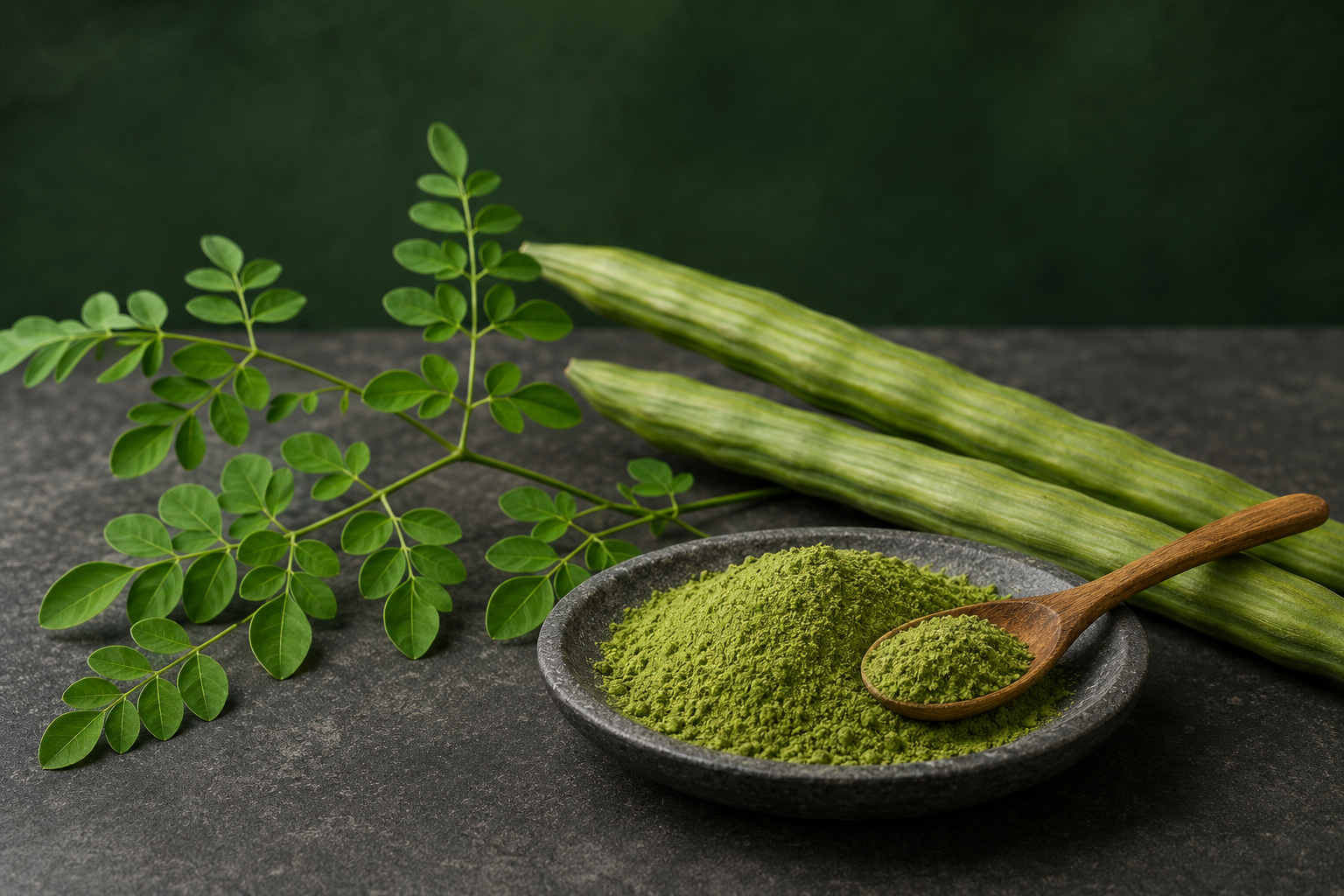 Fresh moringa branches, moringa pods and leaf powder in a stone dish with a wooden spoon