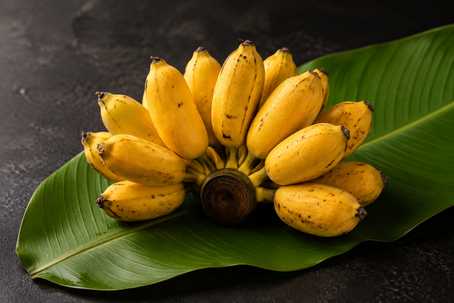 A bunch of ripe Seeni bananas on a banana leaf over black stone