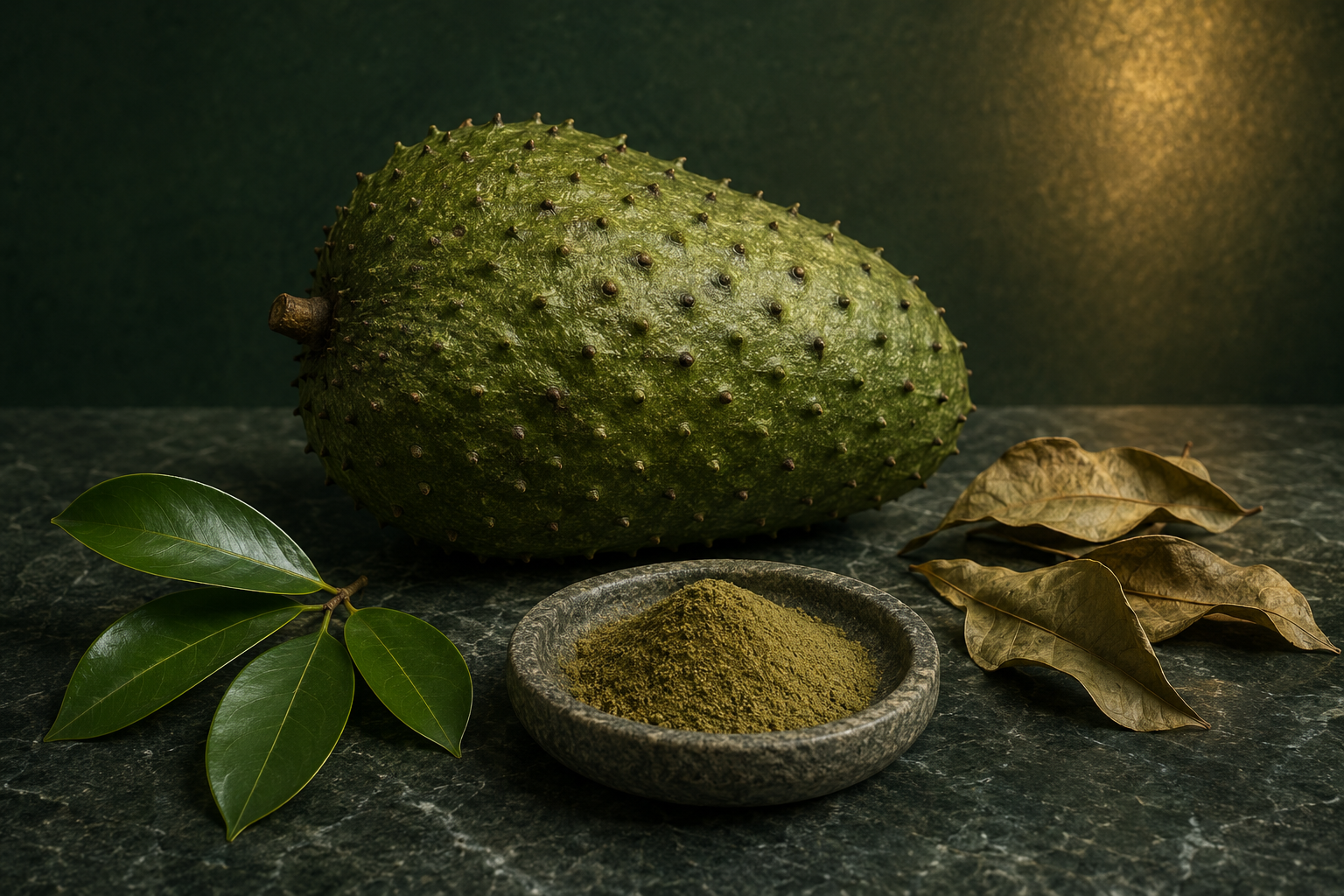 Soursop fruit with fresh and dried soursop leaves and soursop leaf powder in a stone dish