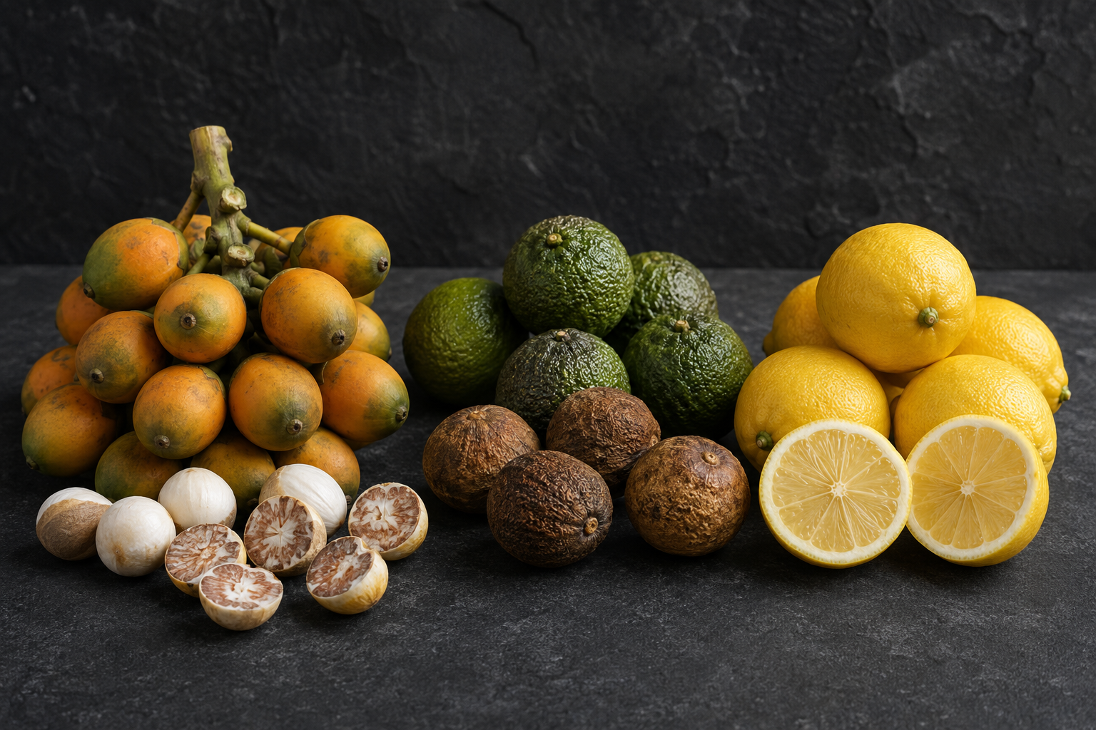 Fresh and peeled arecanuts, fresh and dried Yakinaran, and whole and cut lemons